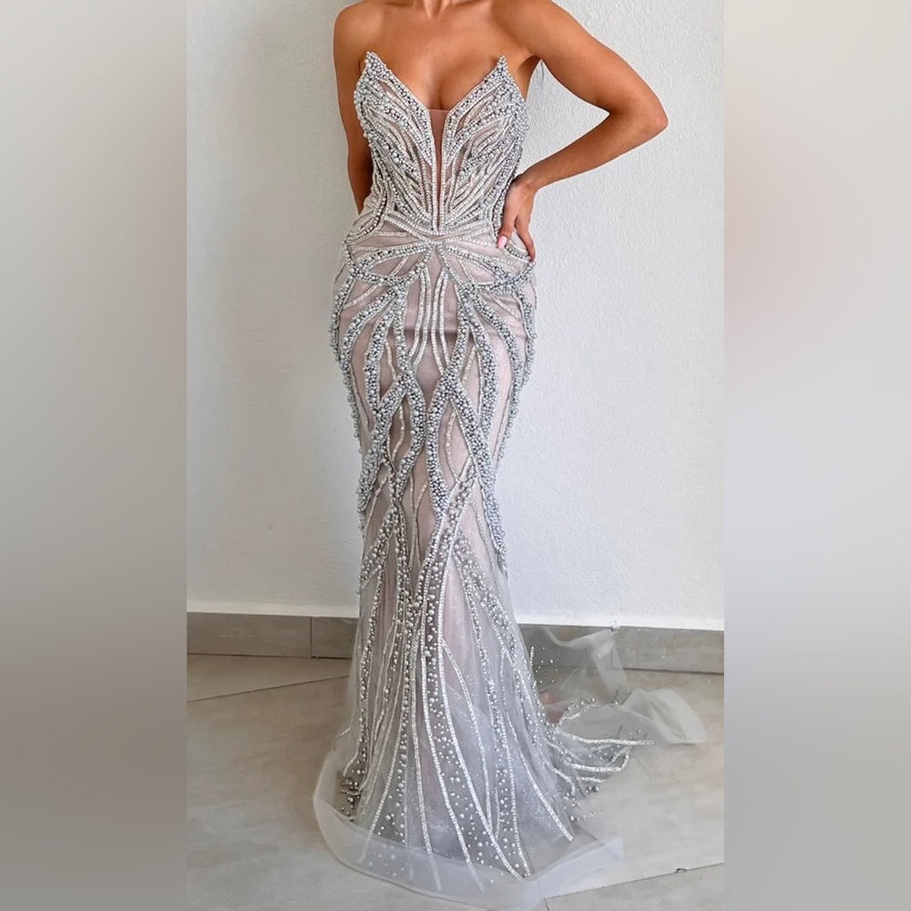 Strapless Silver Beaded Prom Dress